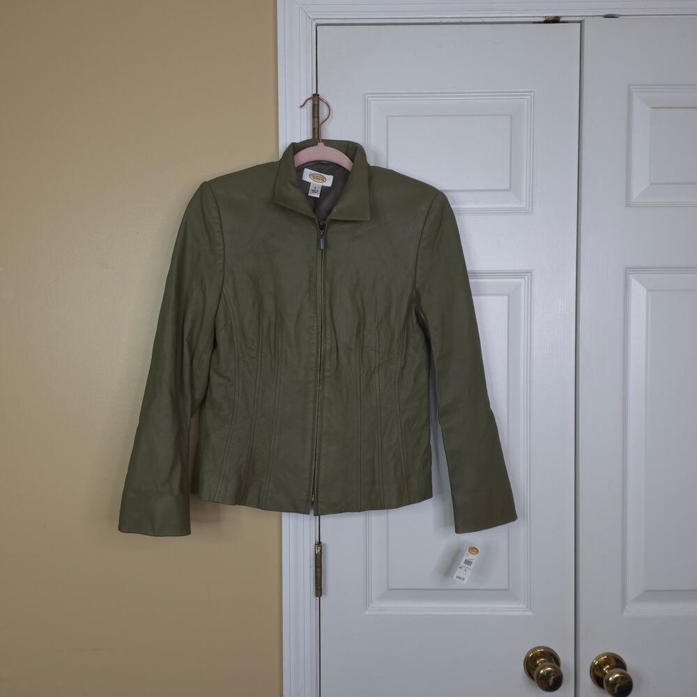 Vintage 90s Talbots Olive Green Full Zip Mock Neck Pintuck 100% Leather Jacket 6